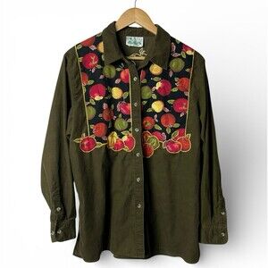 The Quacker Factory Corduroy Apple Shirt Jacket Womens 1X Olive Green Boho